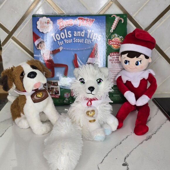 "Elves At Play" Kit With Scout Elf St. Bernard & Arctic Fox Plush elf on the she - Picture 9 of 9
